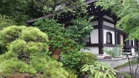 Greenery Japanese garden and the white templeの写真素材