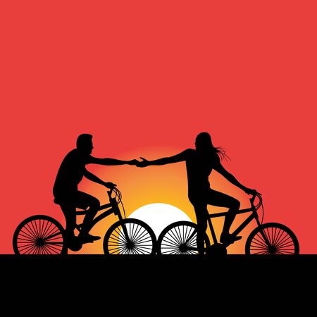 silhouette of couple riding bikes during beautiful sunset vector illustrationのイラスト素材