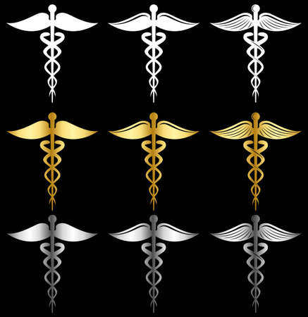 white gold  and silver Caduceus as a symbol of medicine vector setのイラスト素材