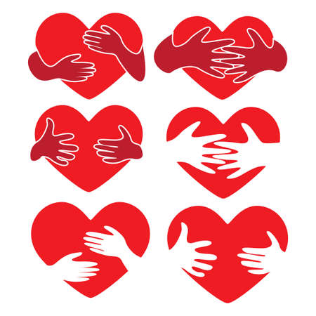 red heart with hug hand illustration vector bundle setのイラスト素材