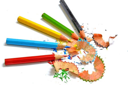 sharpened pencil colors with saw dustの写真素材