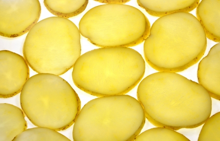 slices of potato arranged on white backgroundの写真素材