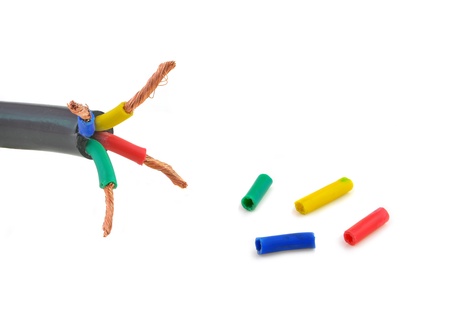 close up of naked cable of electric wire with four terminalsの写真素材