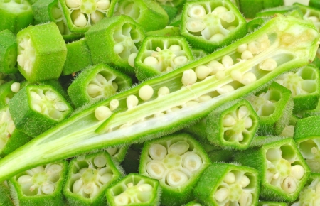 close up split pods of okraの写真素材