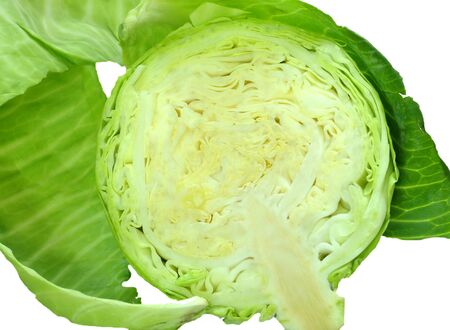 close up of half cut green cabbageの写真素材