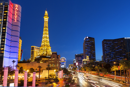 Las Vegas,the famous avenue, the Strip by night with Eiffel towerのeditorial素材