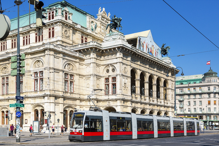 Austria, Vienna, opera square with passing tramwayのeditorial素材