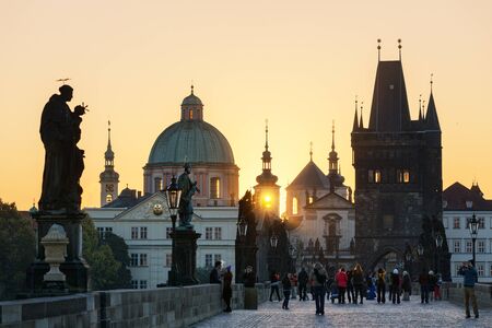 Prague, Charles Bridge and spires of The Old Town at sunriseの写真素材