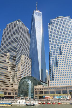 New York City, Financial District with one world trade center in backgroundの写真素材