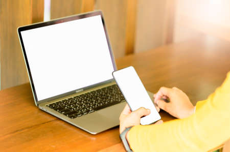Laptop smartphone and tablet mockup with blank screen on table, Concept mockup.