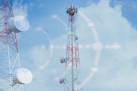 Telecommunication tower with blue sky background. Technology and communication concept.