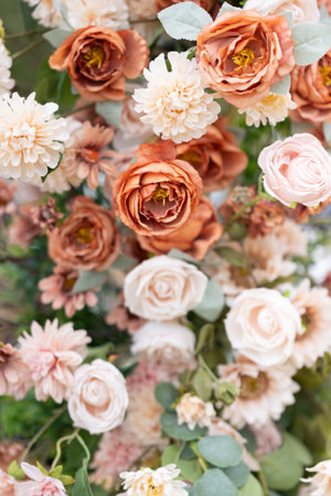 Beautiful flowers decoration in wedding ceremony. Floral background with rosesの写真素材