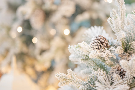 Close up of Christmas tree with snow and bokeh background.の写真素材