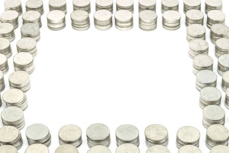 Coins stack golden set each 10 coins isolated on white background. Selective focus. Thailand.