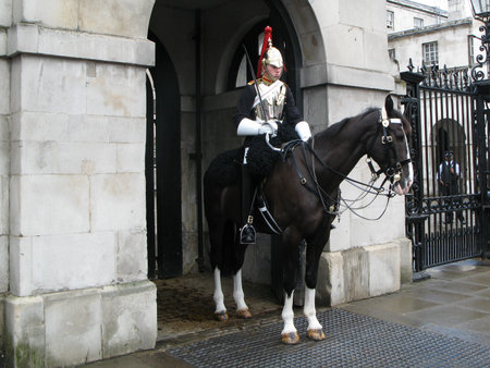 London, United Kingdom â July 03, 2008: A cavalryman of the Blues and Royals cavalry regiment on duty at the entrance to the Horse Guards in the Central London. Urban scene on a summer day.のeditorial素材