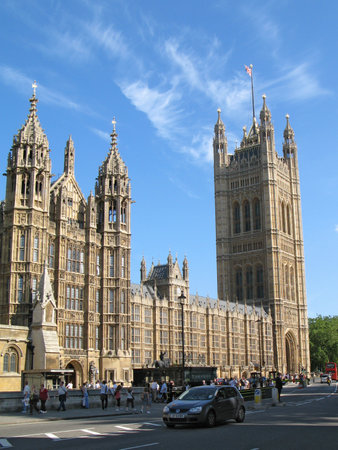 London, UK â July 01, 2008: View from Abingdon Street of the Victoria Tower of Westminster Palace on a sunny day in Central London. Victoria Tower (architect Charles Barry) was completed in 1860.のeditorial素材