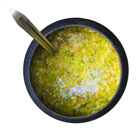 The food in the smoked pot. Isolated on a white backgroundの写真素材