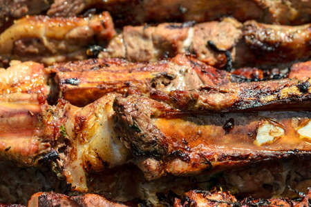 Shashlik - traditional russian barbecue. Kebab of pork ribs. 