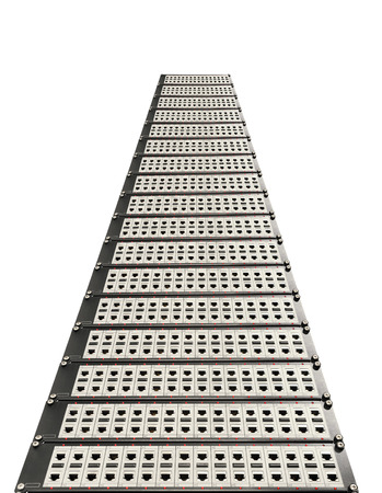 Network RJ-45 patch panel with switches in switching center. Perspective view from bottom. Isolated...