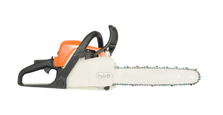 Side view of petrol chainsaw. Isolated on white backgroundの写真素材