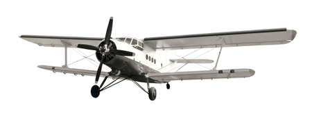 Front view of white airplane biplane with piston engine and propeller. Isolated on a white...