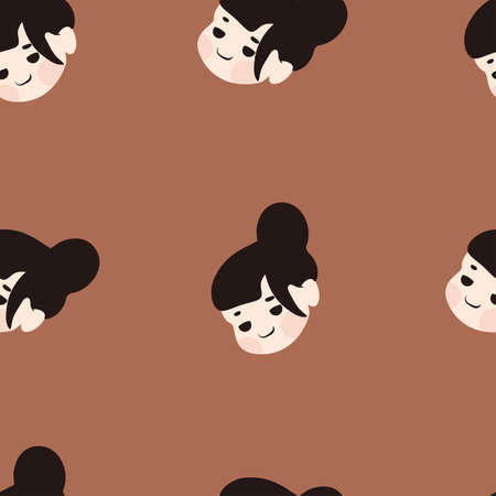 Seamless pattern with cute cartoon girls on brown background. Vector illustrationの写真素材