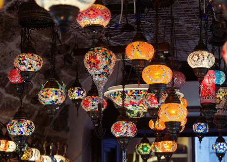 Moroccan or Turkish mosaic lamps and lanterns background; selective focus