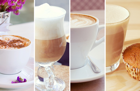 set of morning cappuccino coffee cup bannersの写真素材
