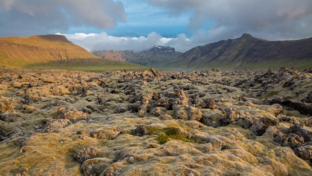 The expansive moss-covered lava fields and mountain in Iceland
