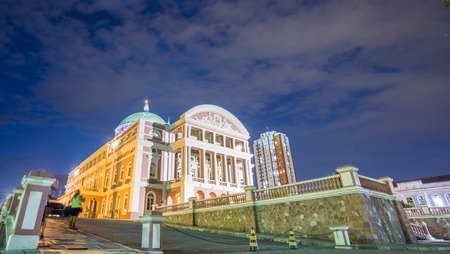 MANAUS - AUG 9: Amazonas Theatre facade by night on August 9, 2014 in Manaus, Brazil. The opera...