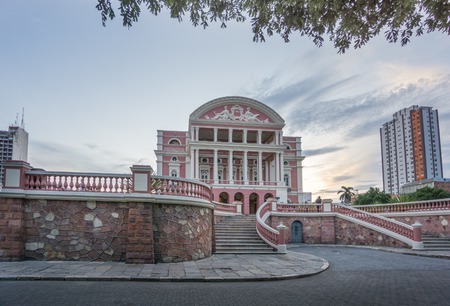 MANAUS - AUG 9: Amazonas Theatre facade on a cloudy day on August 9, 2014 in Manaus, Brazil. The opera house was built when fortunes were made in the rubber boom.のeditorial素材