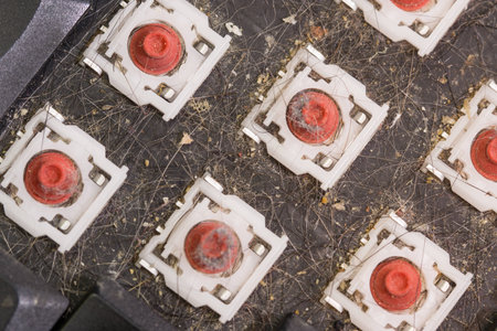 Top view of dismantled dirty keyboard, closeup
