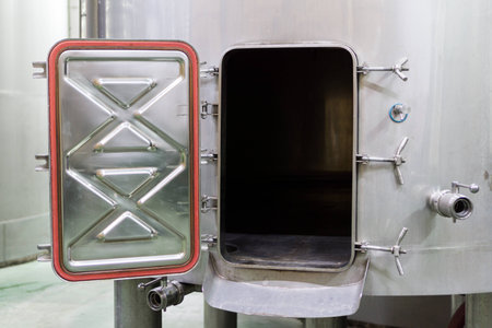Wine Making Equipment, view of open aluminium tankの写真素材