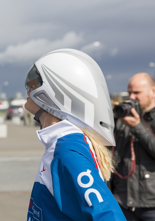REYKJAVIK, ICELAND - June 19, 2013: Female participant waits for the start of Wow Cyclothon, a non-stop relay bike race around Iceland held annually on June 19, 2013のeditorial素材