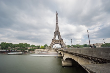 Wide angle view of The Eiffel Tower and Seine river, long exposure in Paris, Franceの写真素材