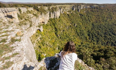 Wide angle view of tourist over Urbasa Pilatos balconyの写真素材