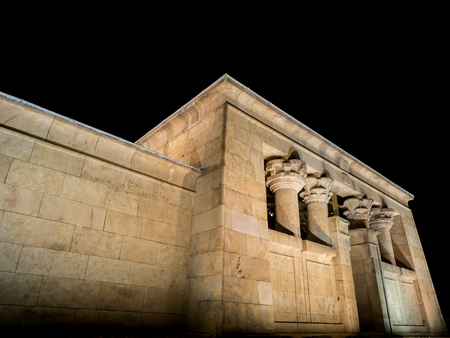 Night view of Temple of Debod against black sky, Madrid, Spain
