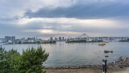 Wide angle view of Tokyo skyline from Odaiba, Tokyoの写真素材