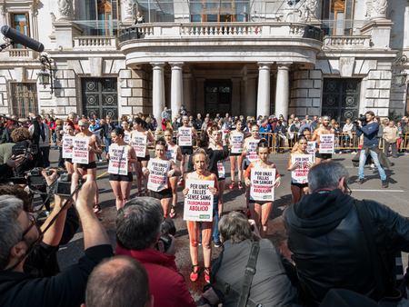 VALENCIA, SPAIN - MARCH 13: Unidentified people protests against bullfighting in the Fallas exhibition on march 13, 2016 in Valencia, Spainのeditorial素材