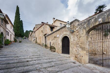 Wide angle of stairs to chapel, top of Pollensa on Mallorcaの写真素材