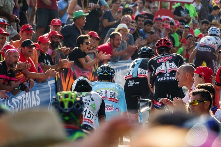 CASTELLON - SEPTEMBER 7: Luis Leon Sanchez (number 66) approaches to finish line in Mas de la Costa mountain stage of la vuelta on September 7, 2016 in Castellon, Spainのeditorial素材