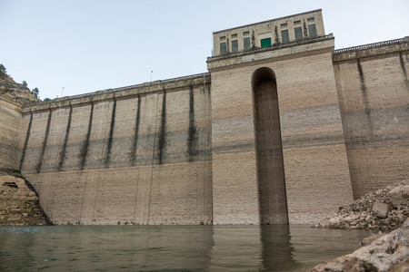 Ultra wide panorama closeup view of low level reservoirの写真素材