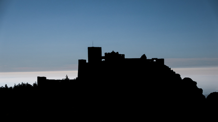Medieval castle of Loarre backlit and sun in Huesca, Spainの写真素材
