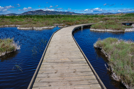 Wooden bridge across the lakeの写真素材