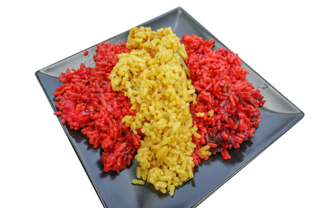 Perspective Spanish flag with paella isolated on whiteの写真素材