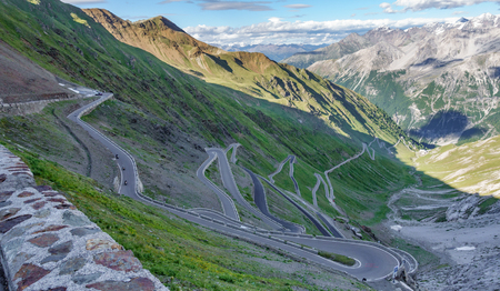 View of serpentine road of Stelvio Pass from above.の写真素材