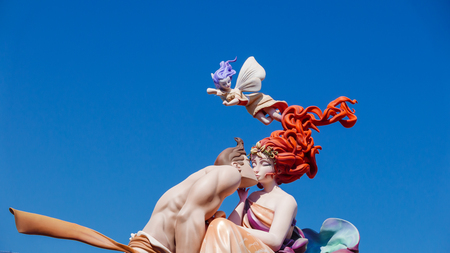 VALENCIA, SPAIN- MARCH 13, 2016: Top of falla against blue sky, the Fallas is a typical celebration...