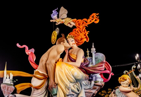 VALENCIA, SPAIN- MARCH 16, 2016: Night view of Falla in Valencia, the Fallas is a typical...