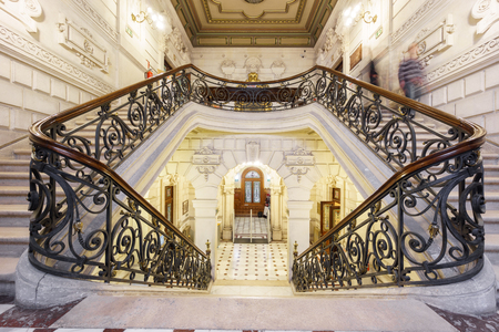 Bilbao, Spain - April 24, 2015: Stairs inside foral palace in Bilbao. The staircase and hall is a amazing architectural work.のeditorial素材