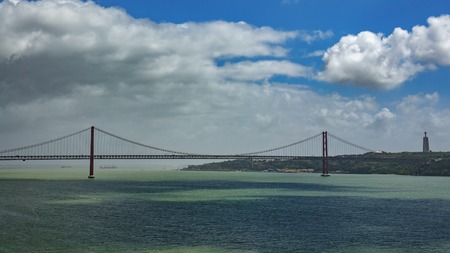 Long shot of 25 de Abril Bridge in Lisbon over Tagus river